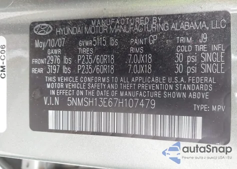 2007 Hyundai Santa Fe Limited/Se from USA, damaged, VIN 5NMSH13E67H107479